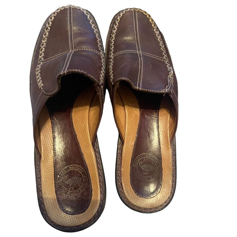 Nurture Aloha Womens Brown Slides Slip-On Leather Clogs Shoes Size 7.5M